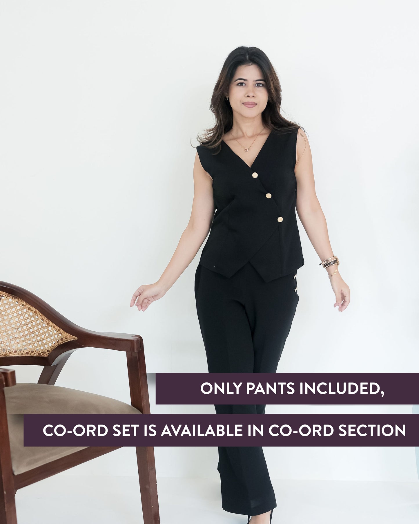 Black crepe straight fit pants with gold buttons ESWPA0003-BLKGB