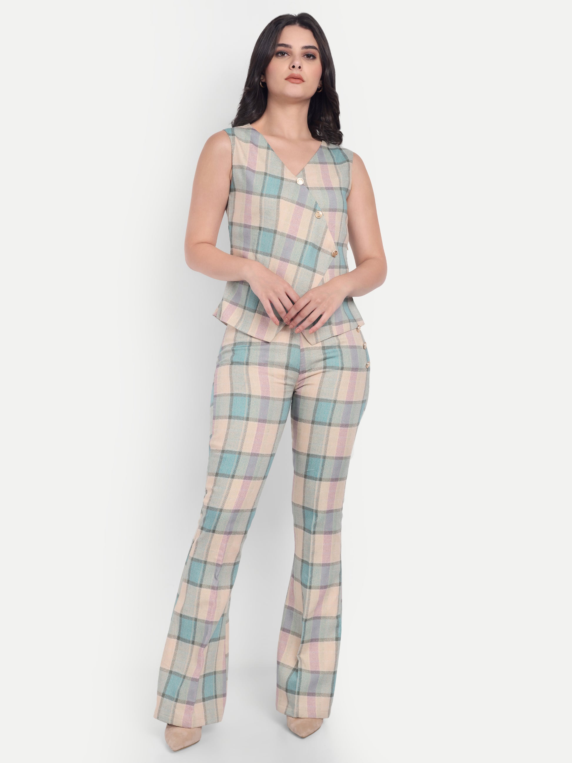 Cream Check print cream co ord set - esseneur.