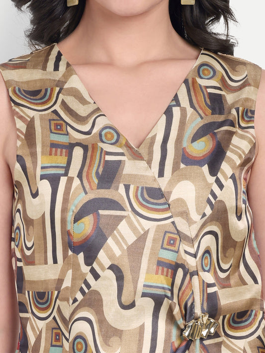 Tusser printed abstract waistcoat with gold applique top EWTP0045-BRNTS