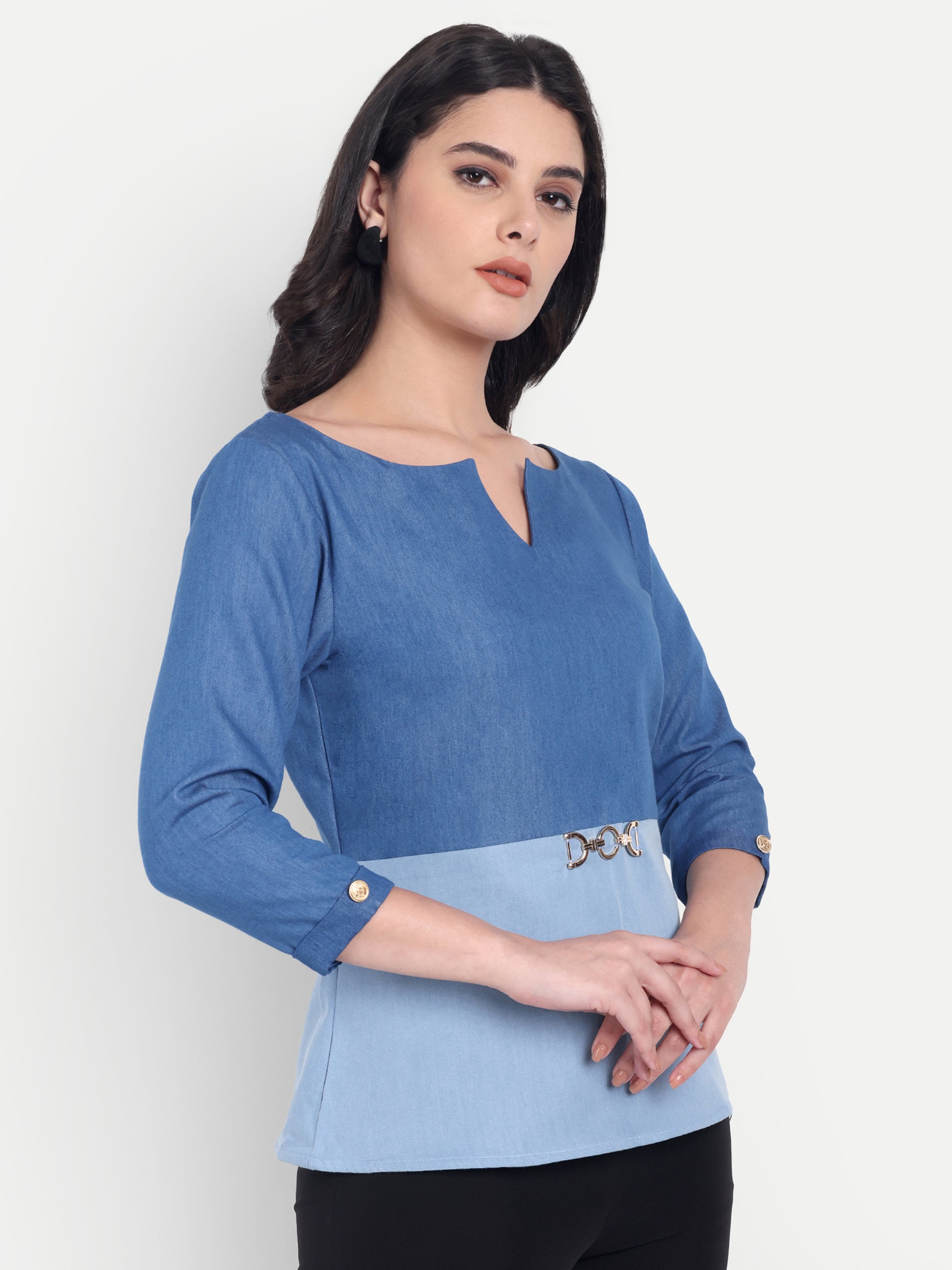 Two colour Light blue and dark blue denim full sleeves top with gold applique - esseneur.