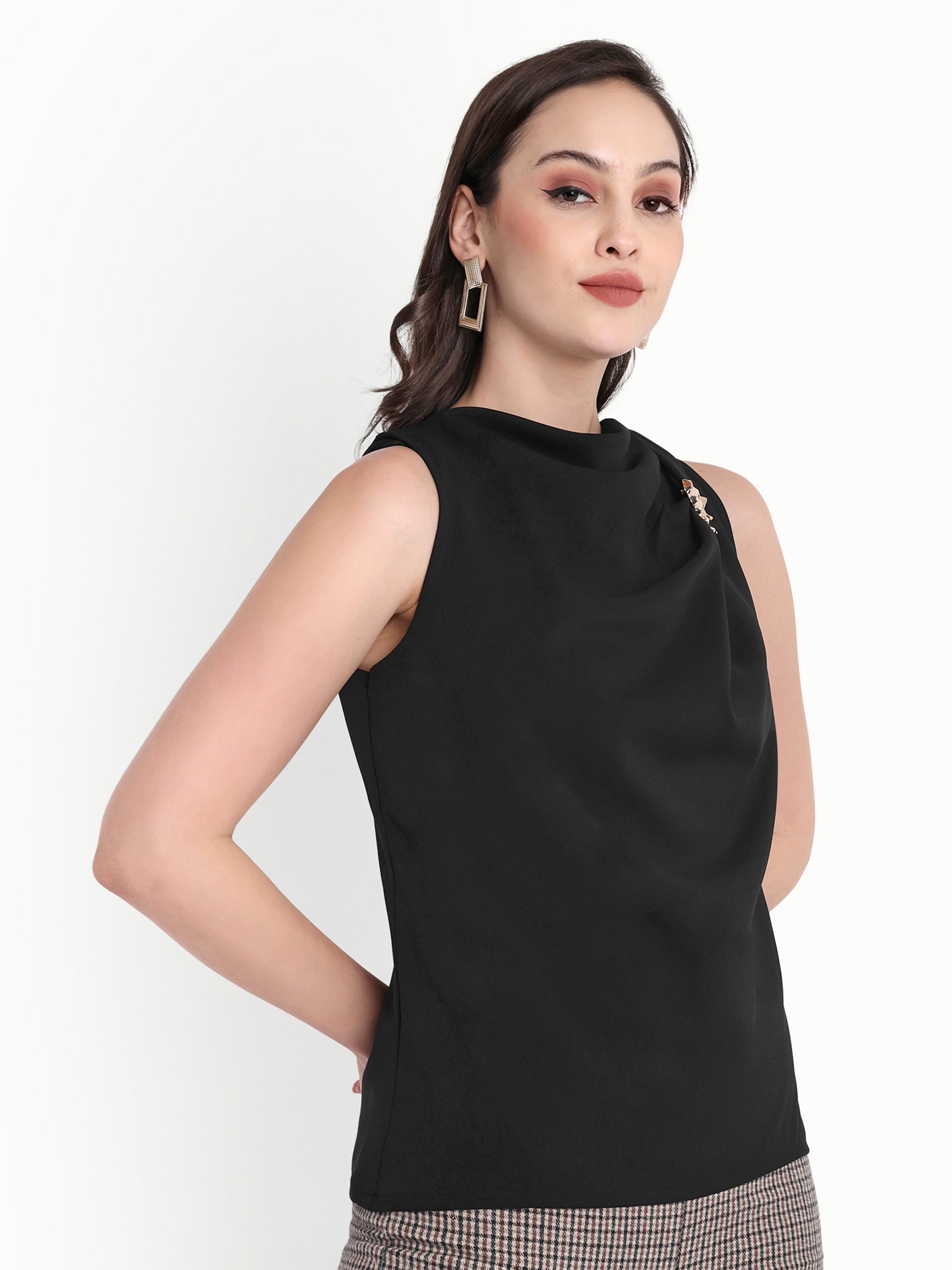 Black sleeveless top with gold applique on shoulder - esseneur.