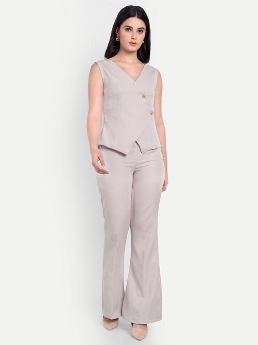Cream crepe pants with gold buttons detailing ESWPA0010-CREGB