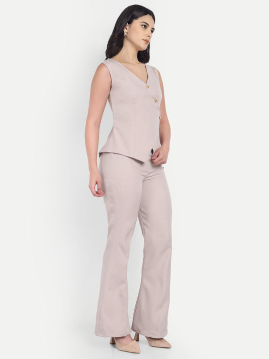 Cream crepe pants with gold buttons detailing ESWPA0010-CREGB