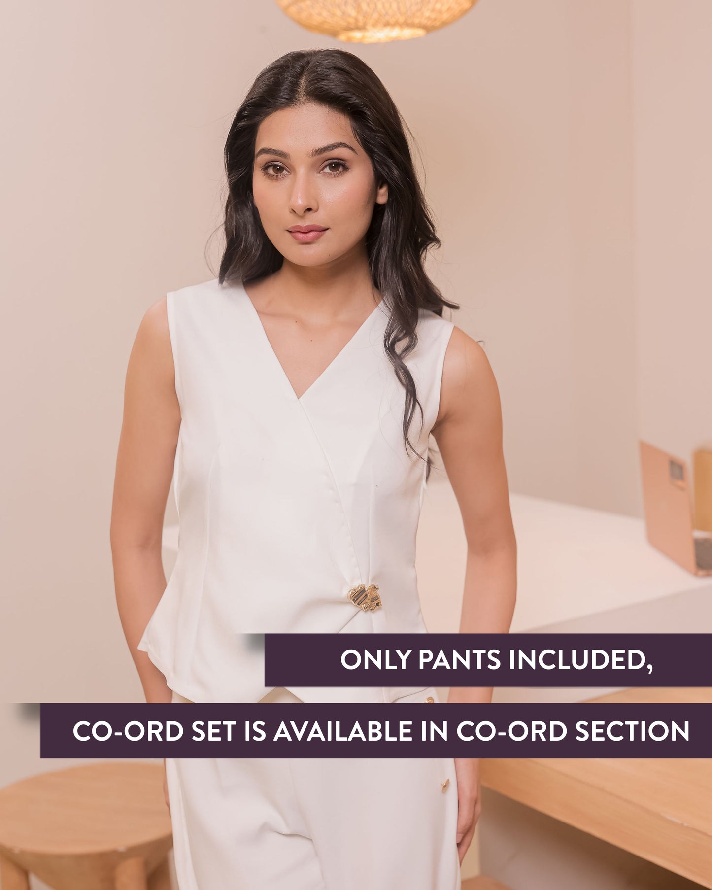 White crepe pants with gold buttons ESWPA0013-WHTGB