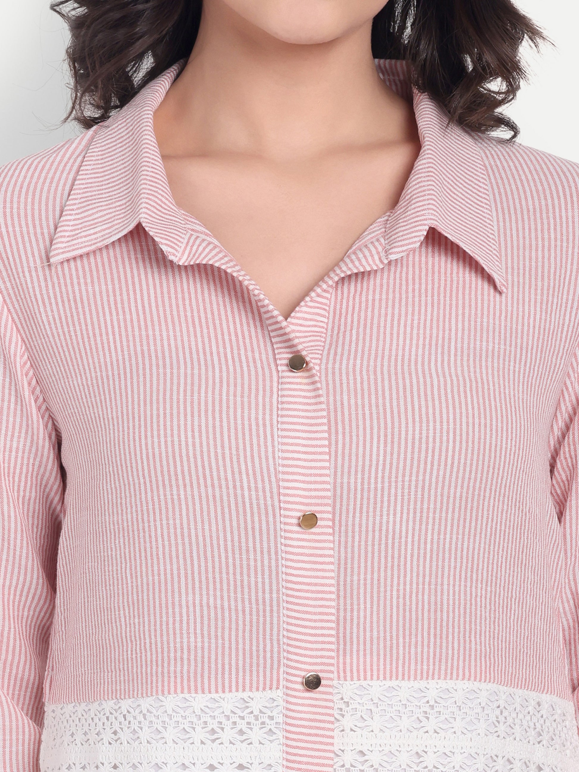 pink striped and crochet shirt with gold buttons-Esseneur