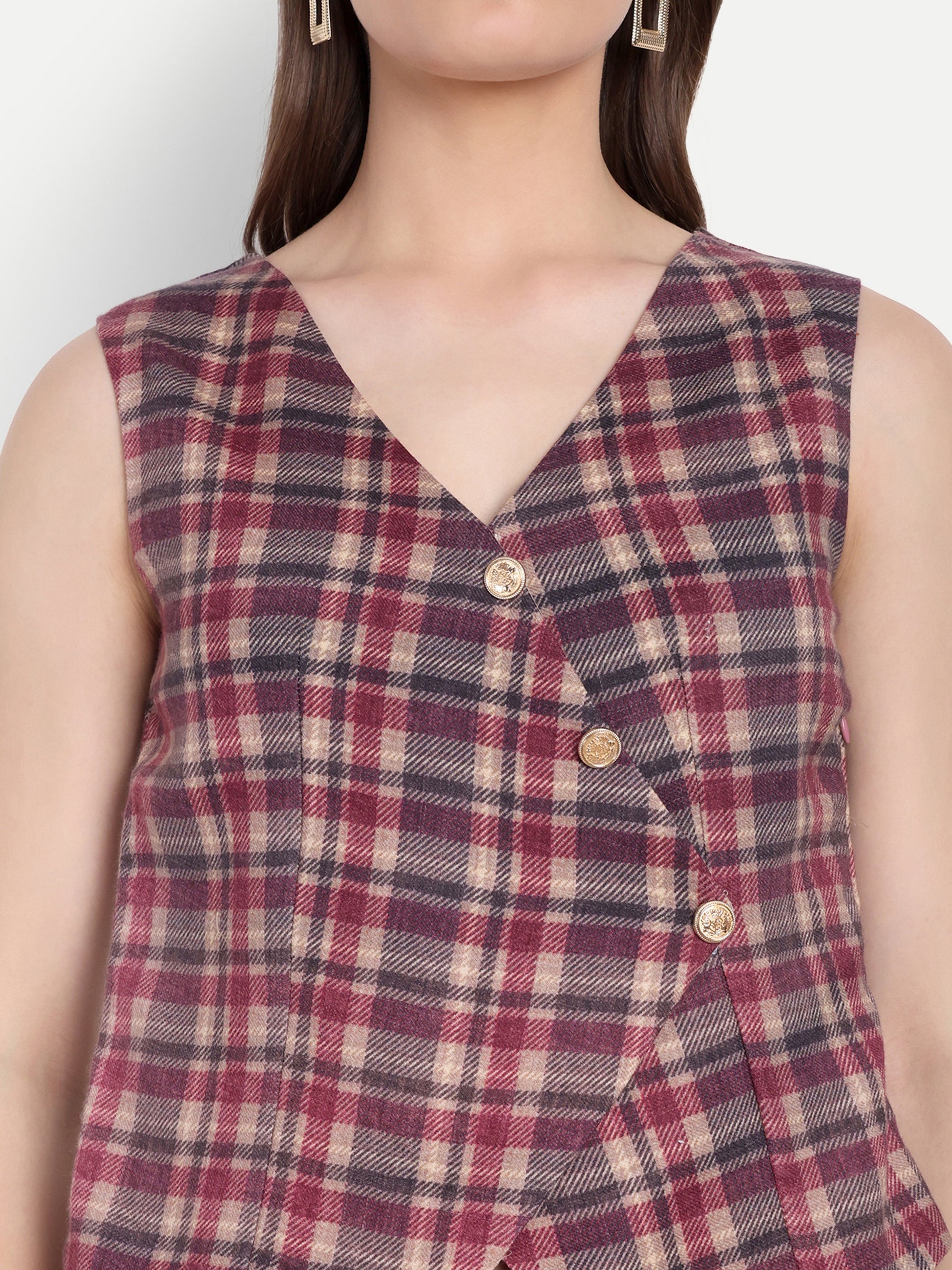 maroon check waistcoat with gold buttons - esseneur.