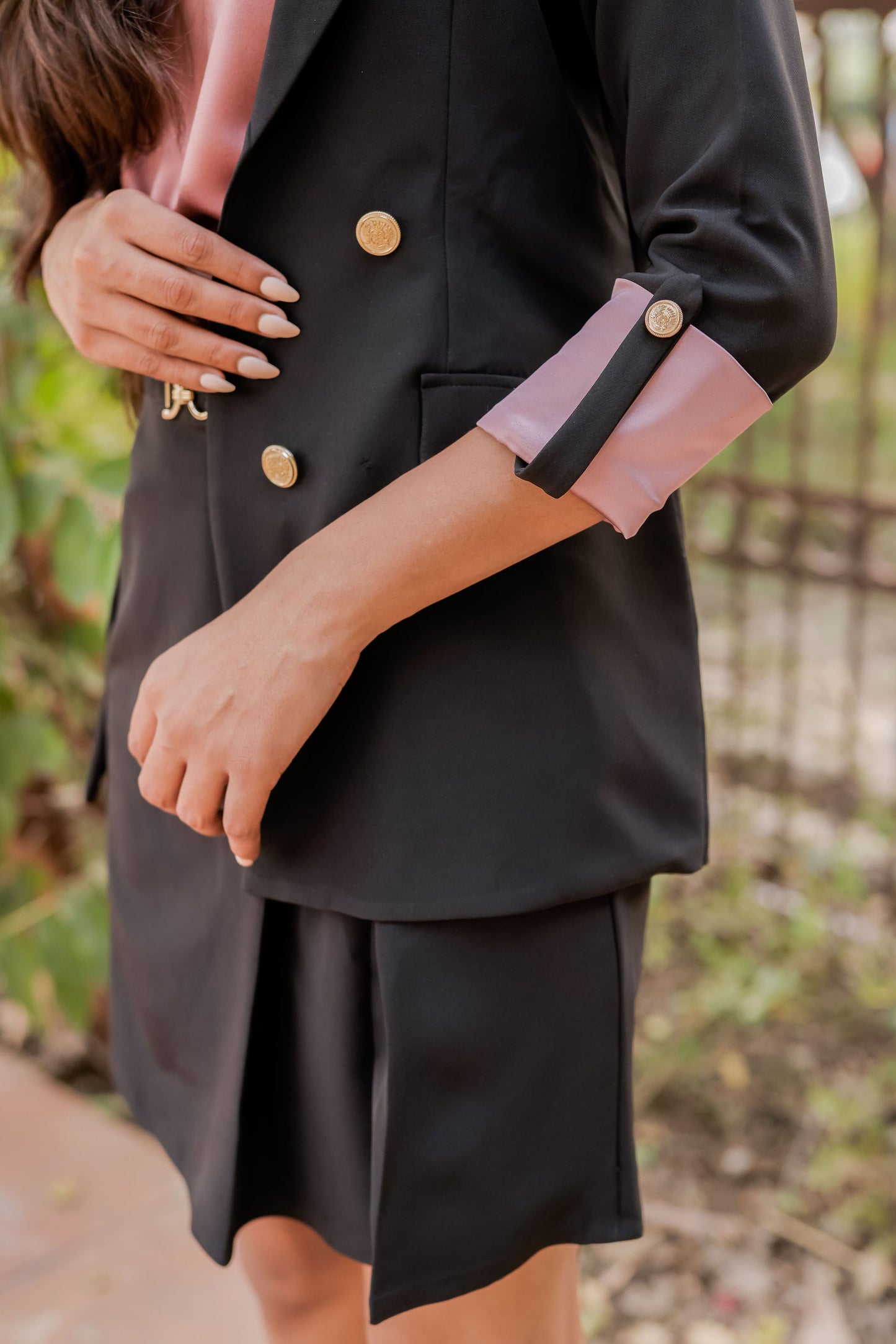 Black Crepe Coat with Satin Peach Cuff detailing and gold buttons EWCT0004-BLKGB