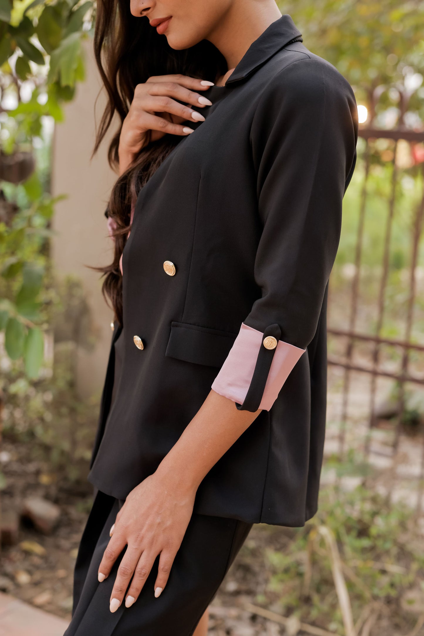 Black Crepe Coat with Satin Peach Cuff detailing and gold buttons EWCT0004-BLKGB