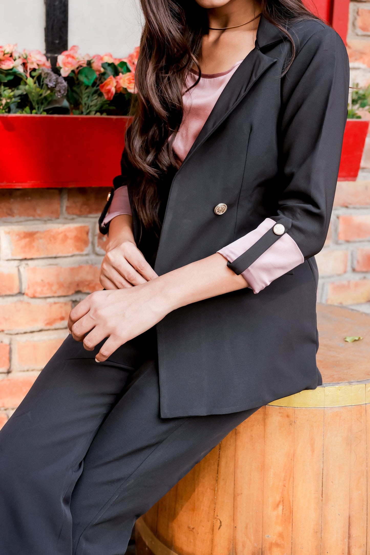 Black Crepe Coat & Pants Co ord set  with Satin Peach Cuff detailing and gold buttons EWCO0029-BLKPT