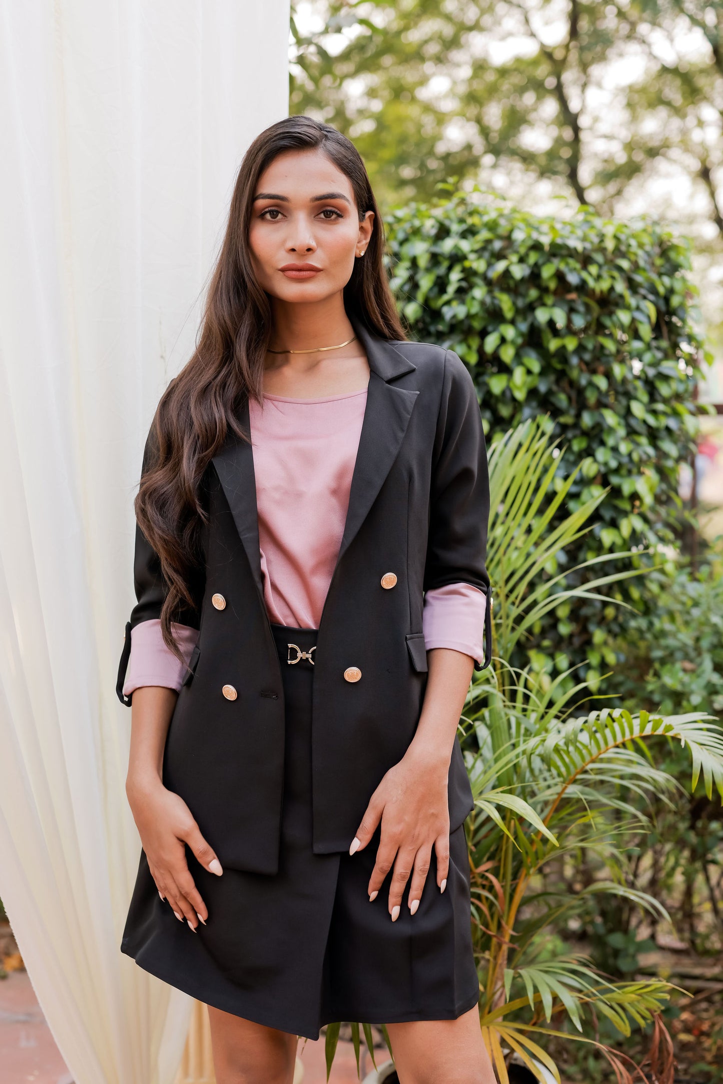 Black Crepe Coat with Satin Peach Cuff detailing and gold buttons EWCT0004-BLKGB