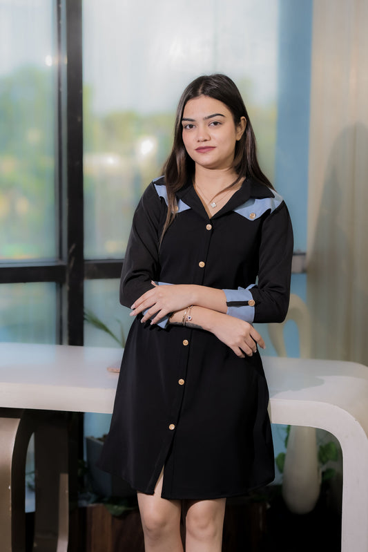 Black knee length denim detailing dress with quarter sleeves- esseneur.