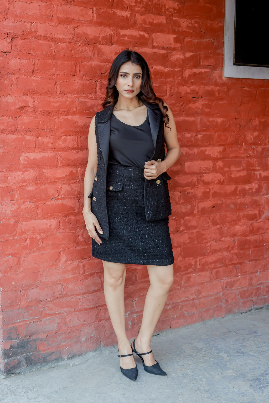 Black Tweed waistcoat with gold buttons ESWWT0002-BLKGB