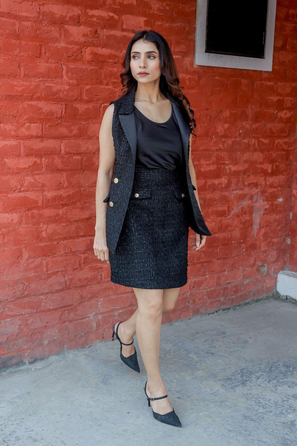 Black Tweed waistcoat with gold buttons ESWWT0002-BLKGB