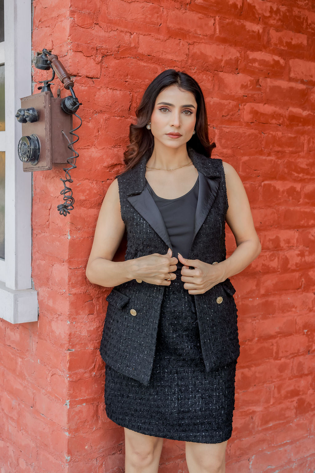 Black Tweed waistcoat with gold buttons ESWWT0002-BLKGB