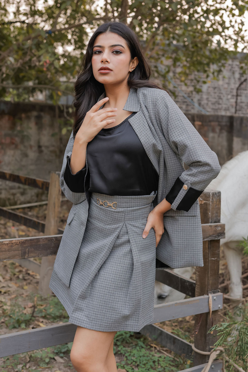 Black and grey woollen houndstooth coat & Pants Co ord set  with black satin detailing and gold buttons