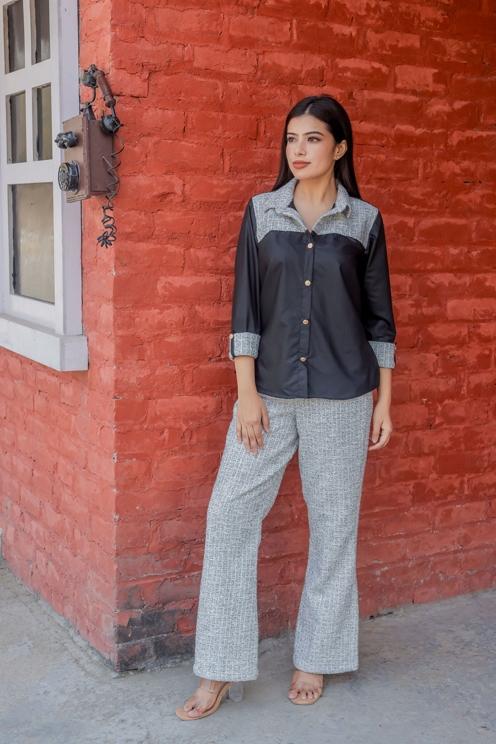 Black & grey tweed shirt with black fabric ESWSH0020-BLKGB