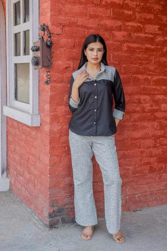 Black & grey tweed shirt with Black and grey houndstooth pants with gold buttons detailing Co ord set ESWSH0020-BLKGB