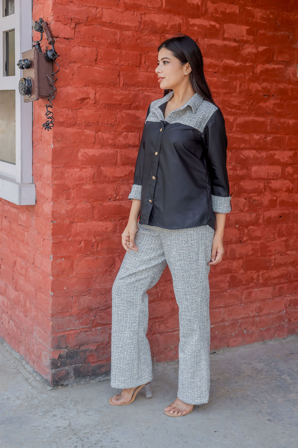 Black & grey tweed shirt with Black and grey houndstooth pants with gold buttons detailing Co ord set ESWSH0020-BLKGB