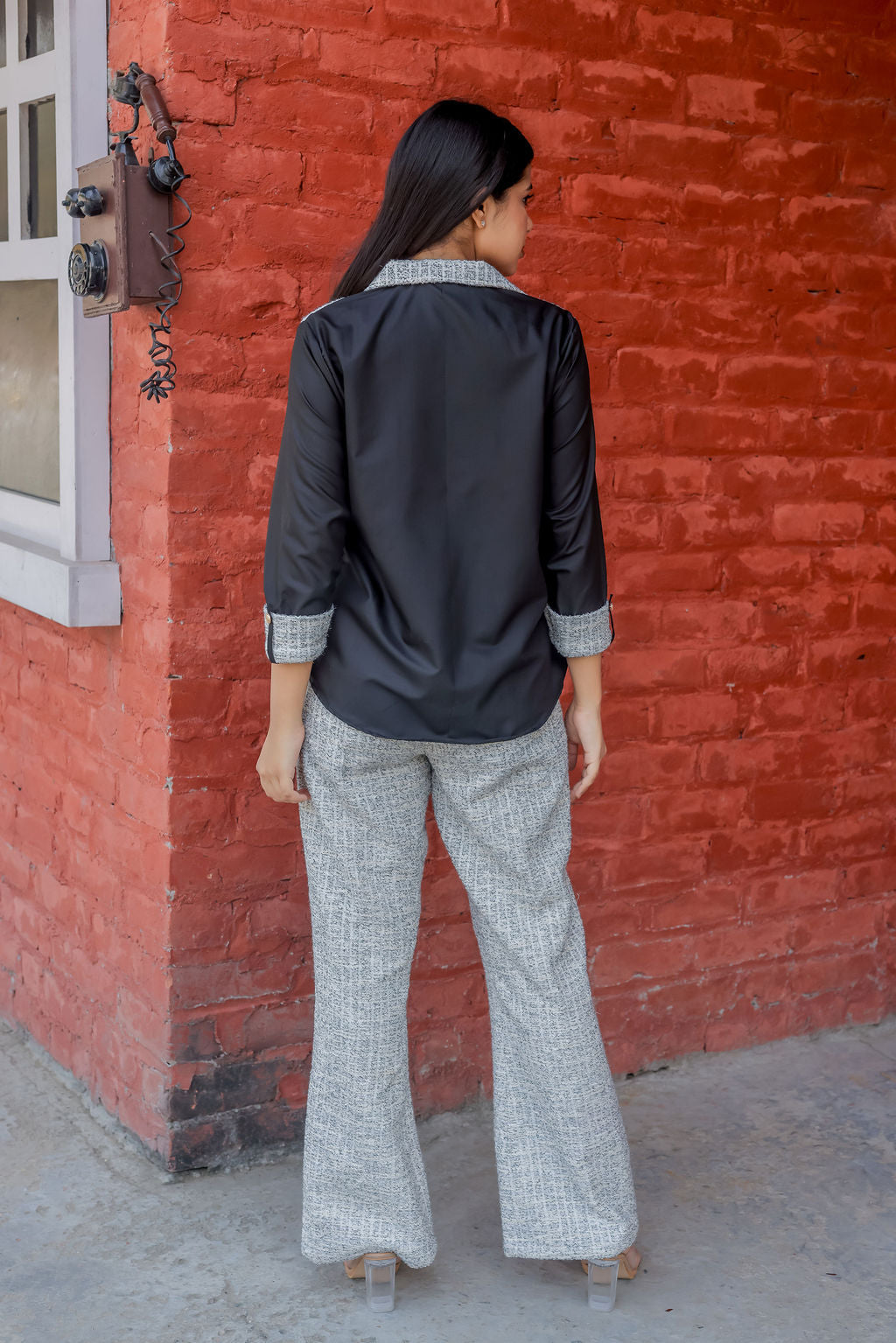 Black & grey tweed shirt with Black and grey houndstooth pants with gold buttons detailing Co ord set ESWSH0020-BLKGB