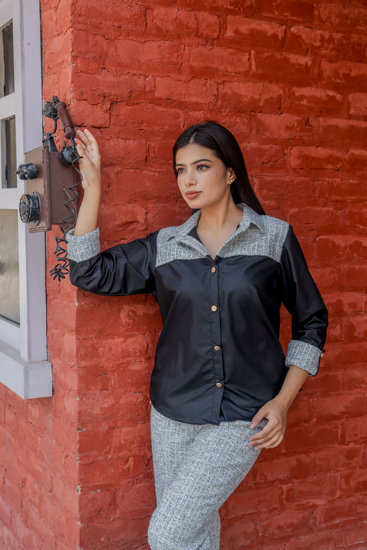 Black & grey tweed shirt with black fabric ESWSH0020-BLKGB