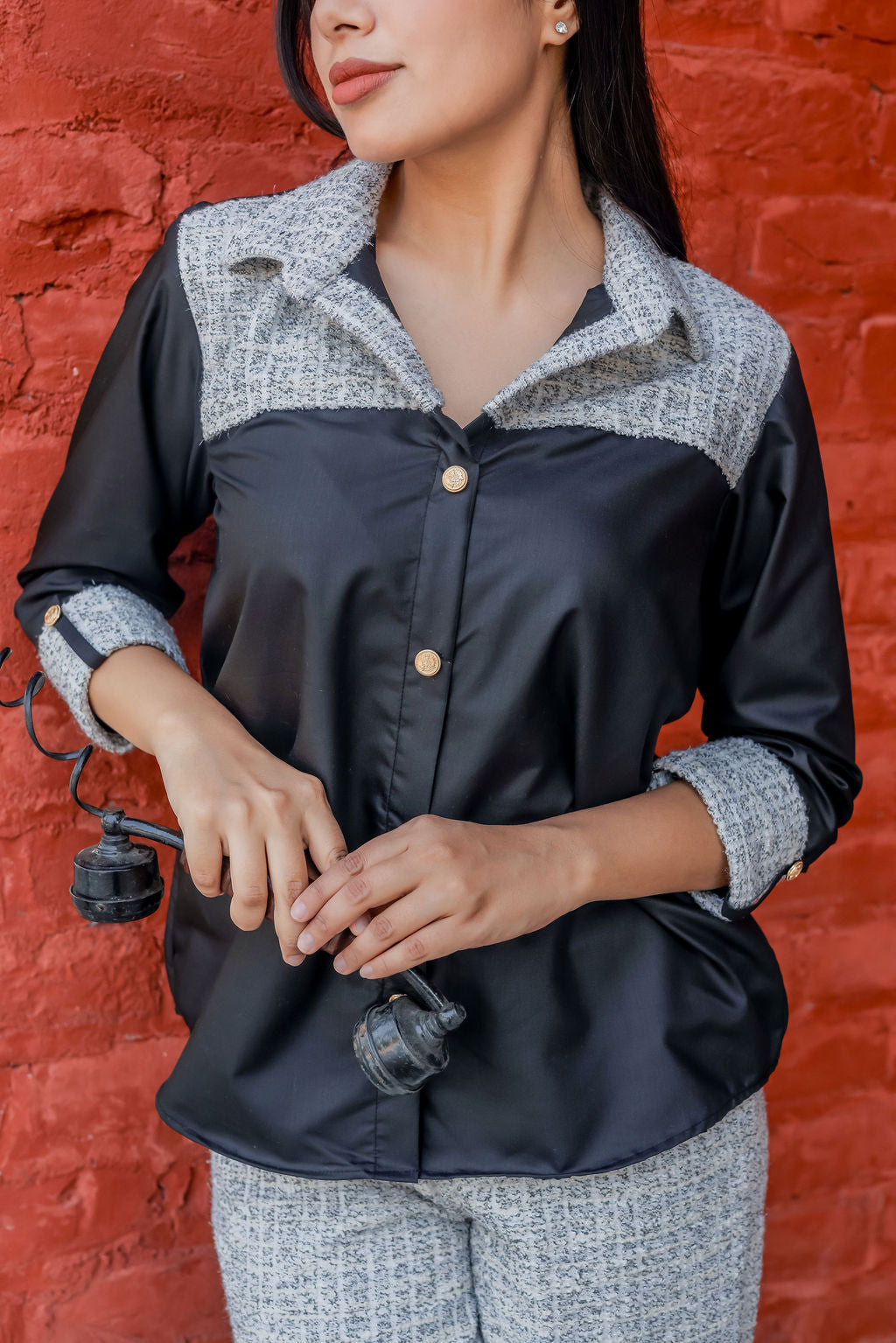 Black & grey tweed shirt with black fabric ESWSH0020-BLKGB