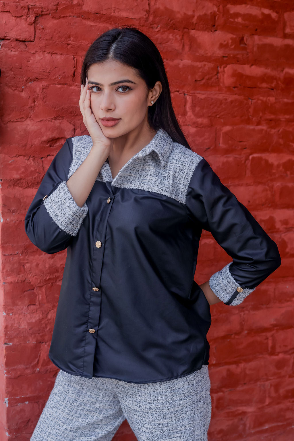 Black & grey tweed shirt with black fabric ESWSH0020-BLKGB