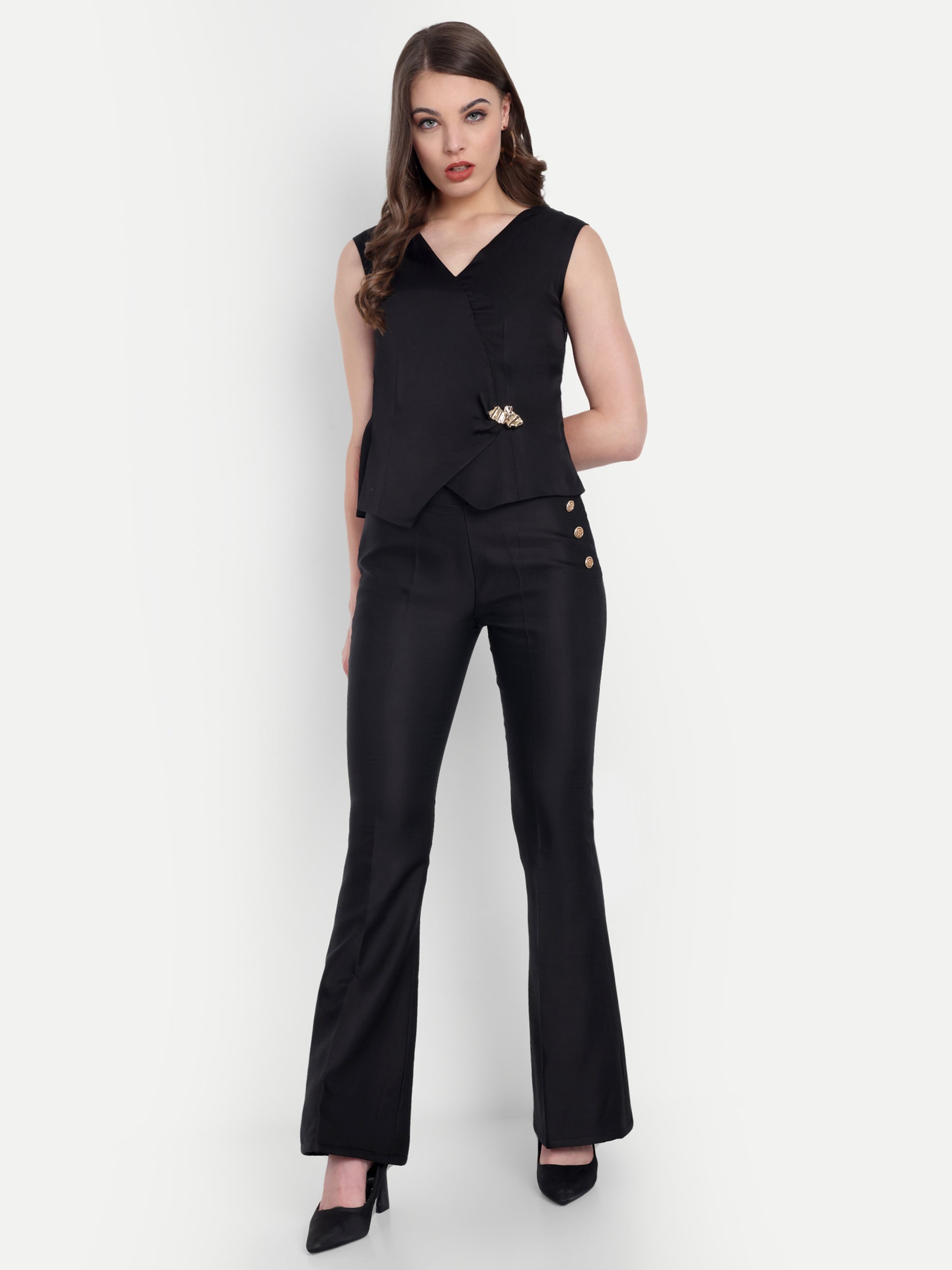 Black linen co ord set with gold applique-Esseneur