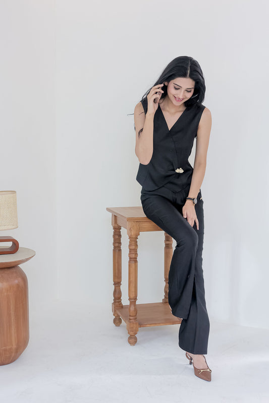 Black linen satin premium fabric co ord set with gold applique on waistcoat and gold buttons on pants