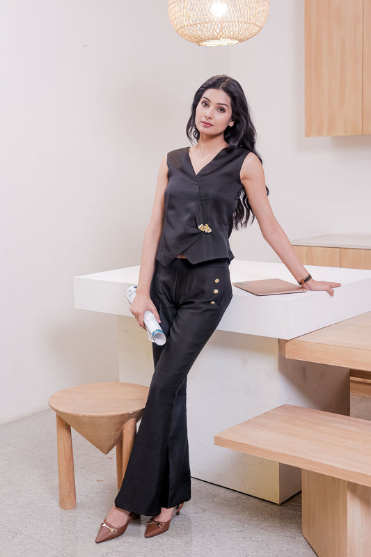 Black linen satin premium fabric co ord set with gold applique on waistcoat and gold buttons on pants