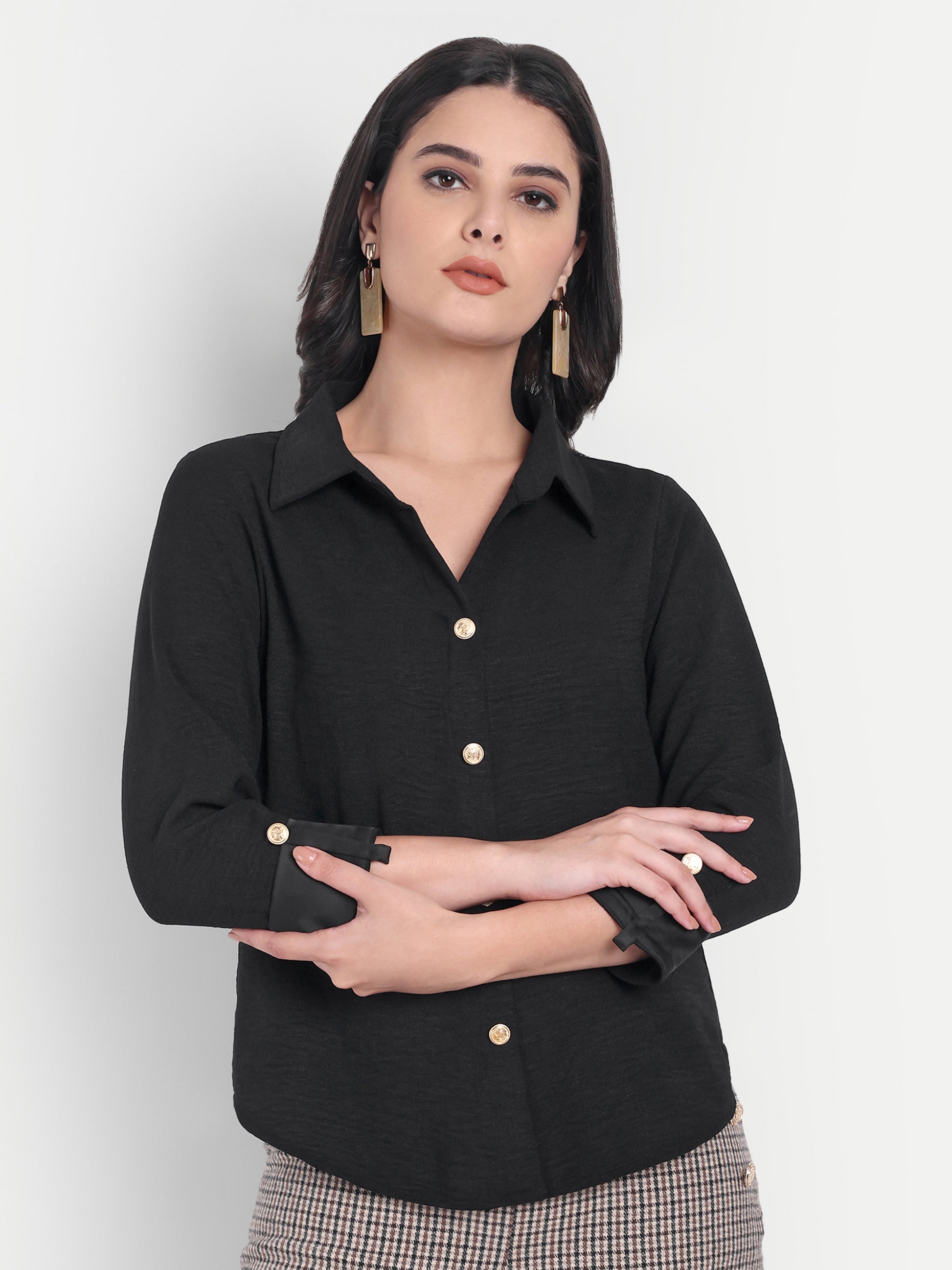 Black linen shirt with gold buttons-Esseneur