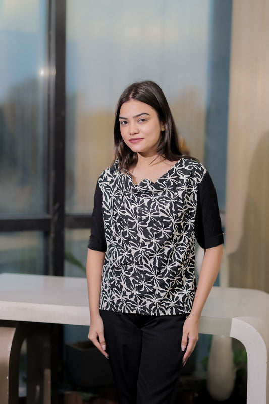 Black printed cowl neck top with black quarter sleeves - esseneur.