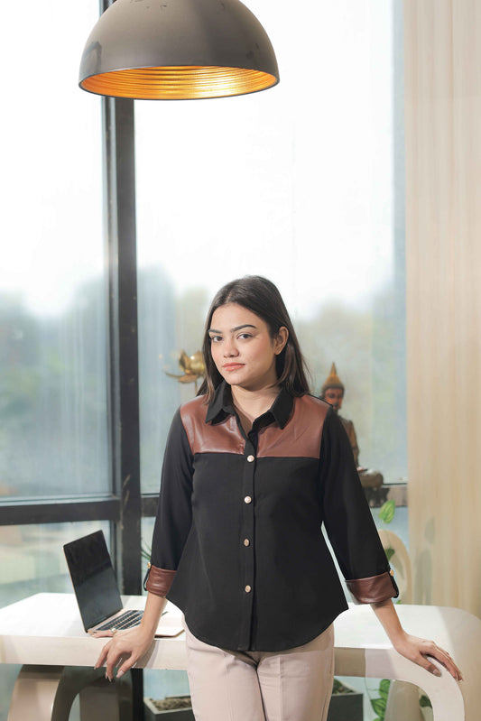 Black shirt with leather detailing on cuffs-Esseneur