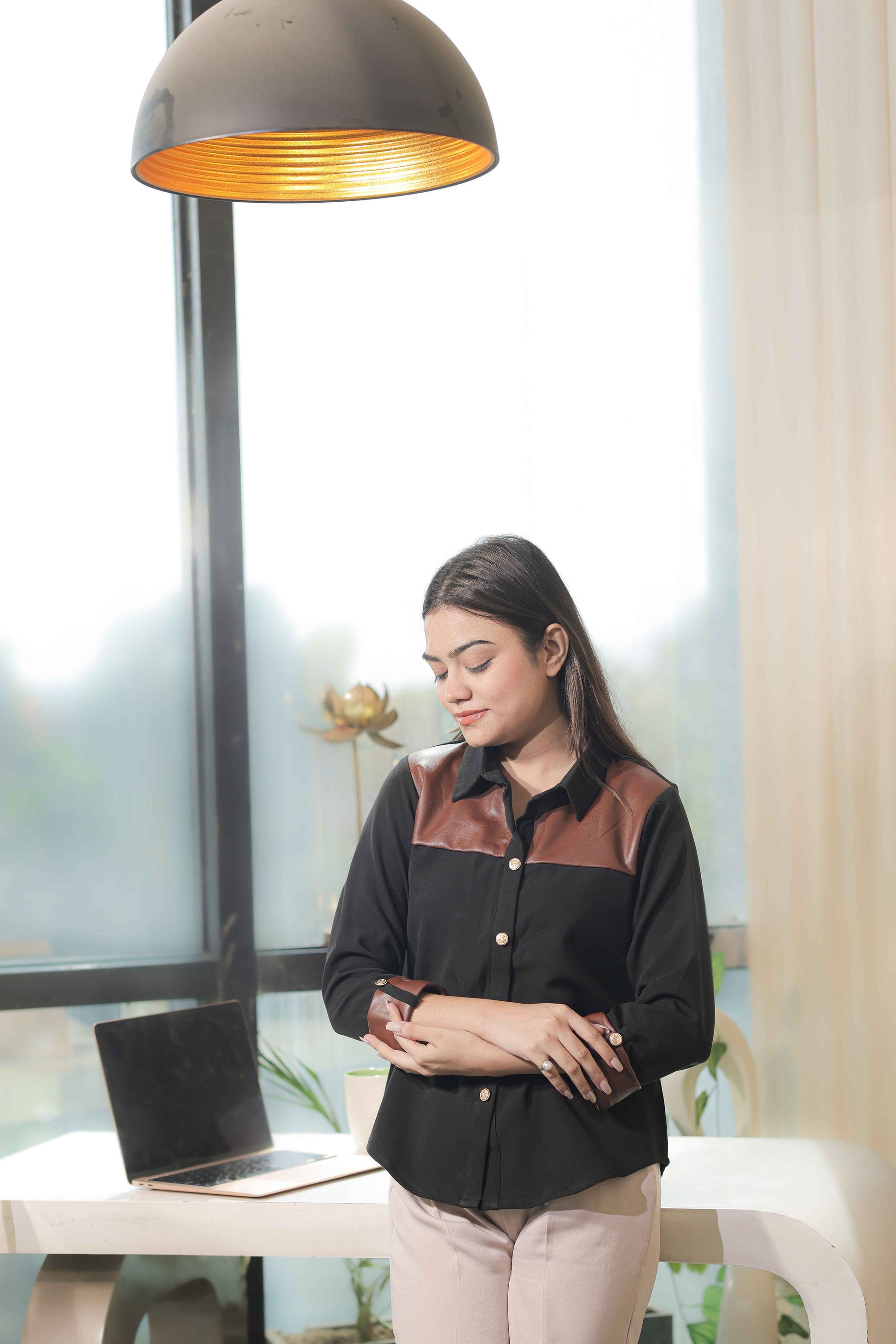Black shirt with leather detailing on cuffs-Esseneur