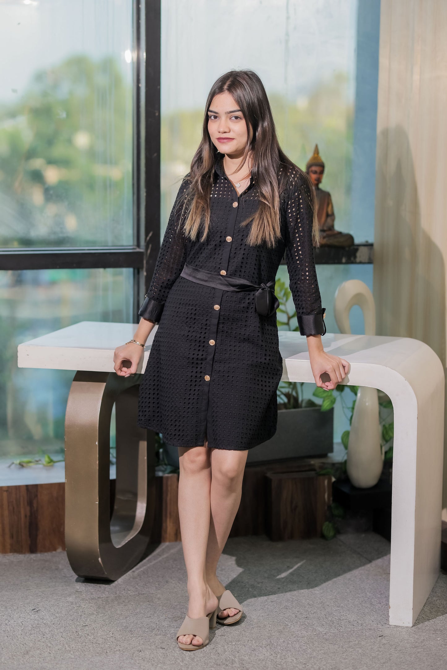 Black square cut work dress with sleeves EWDR0017-BLKCT