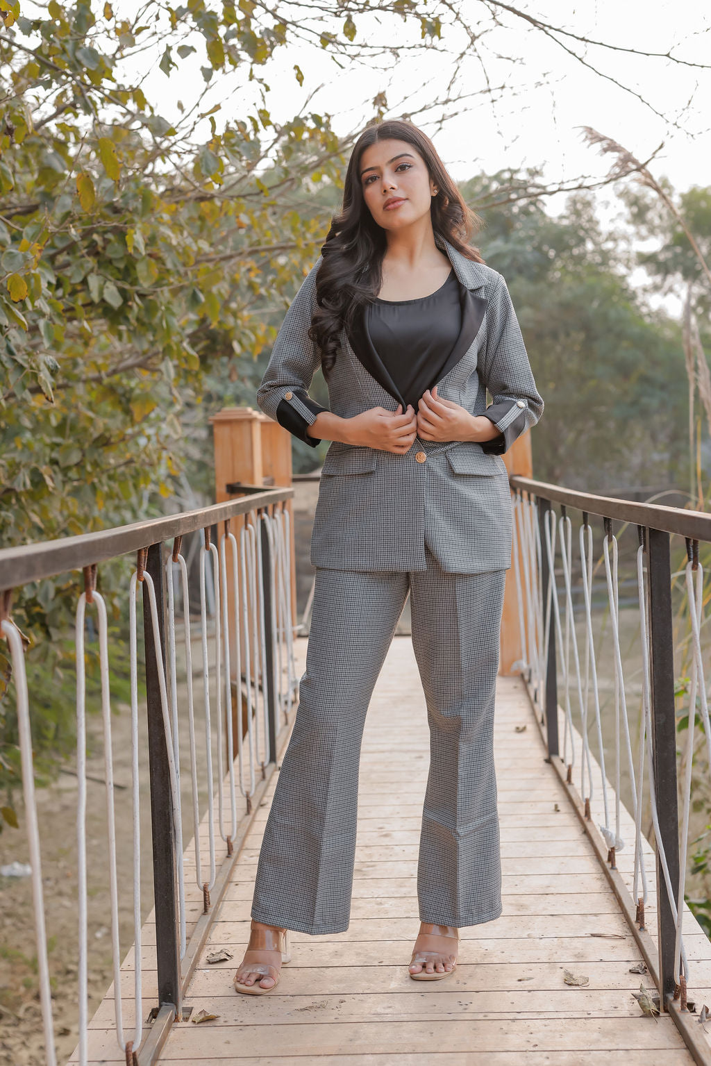 Black and grey woollen houndstooth coat with black satin detailing and gold buttons EWCT0005-BLKGB