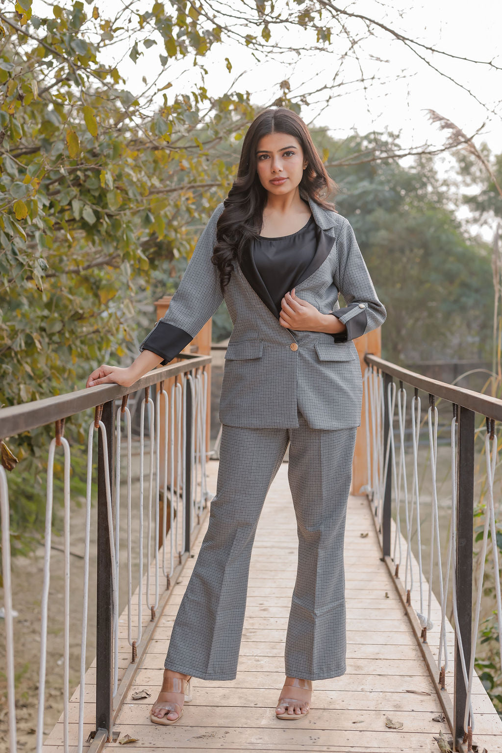 Black and grey woollen houndstooth coat & Pants Co ord set  with black satin detailing and gold buttons EWCO0030-BLKPT