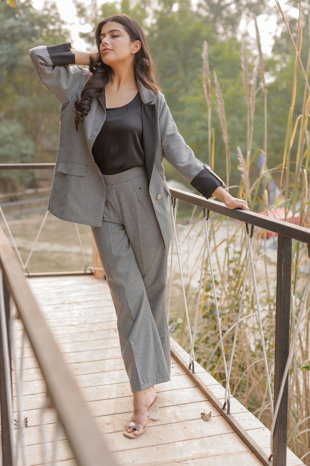 Black and grey woollen houndstooth coat & Pants Co ord set  with black satin detailing and gold buttons EWCO0030-BLKPT