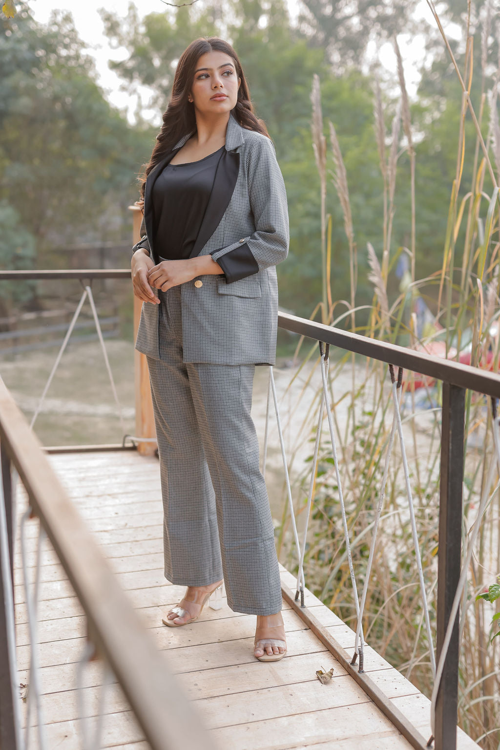 Black and grey woollen houndstooth coat & Pants Co ord set  with black satin detailing and gold buttons EWCO0030-BLKPT