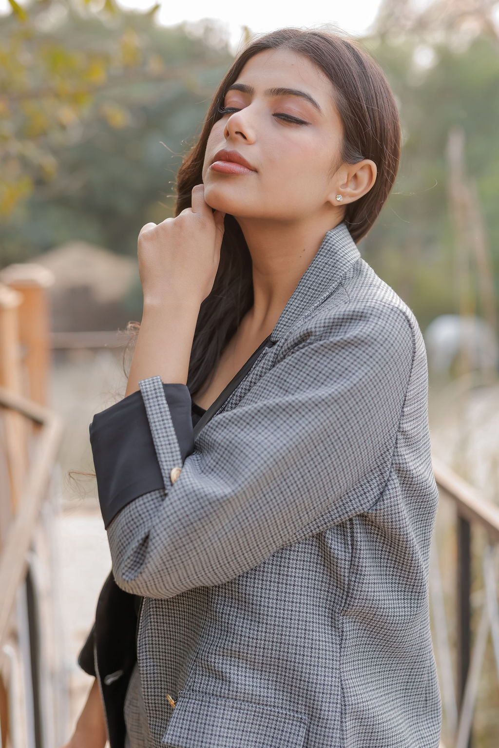 Black and grey woollen houndstooth coat with black satin detailing and gold buttons EWCT0005-BLKGB