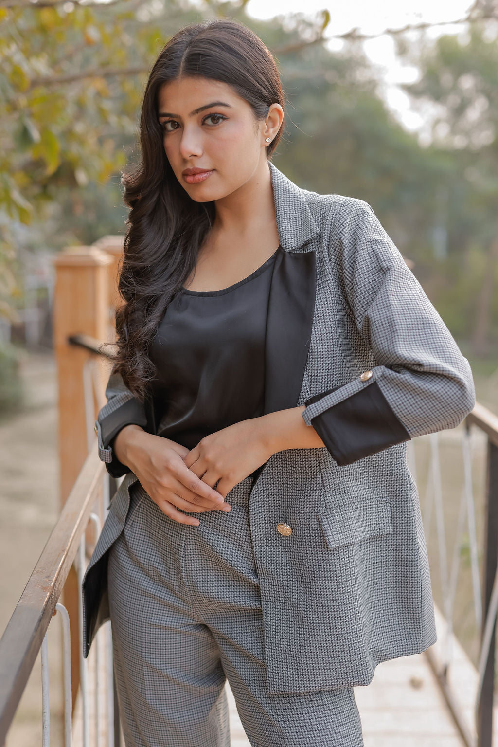 Black and grey woollen houndstooth coat & Pants Co ord set  with black satin detailing and gold buttons EWCO0030-BLKPT