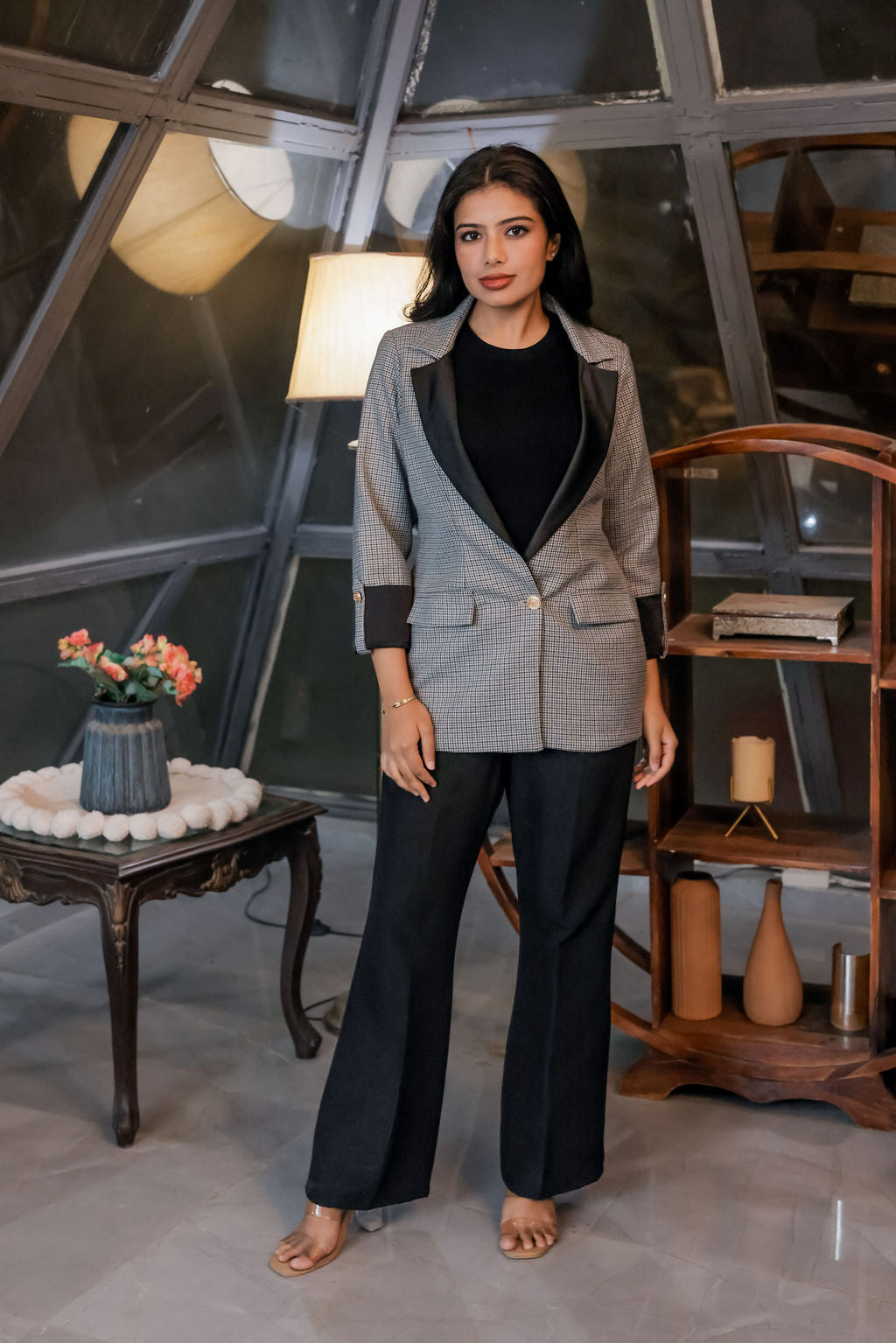 Black and grey woollen houndstooth coat with black satin detailing and gold buttons EWCT0005-BLKGB