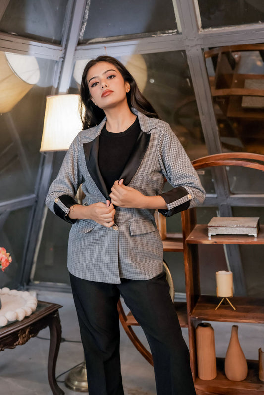 Black and grey woollen houndstooth coat with black satin detailing and gold buttons EWCT0005-BLKGB