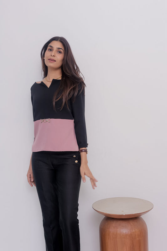 Black and peach peplum top with gold applique for office wear