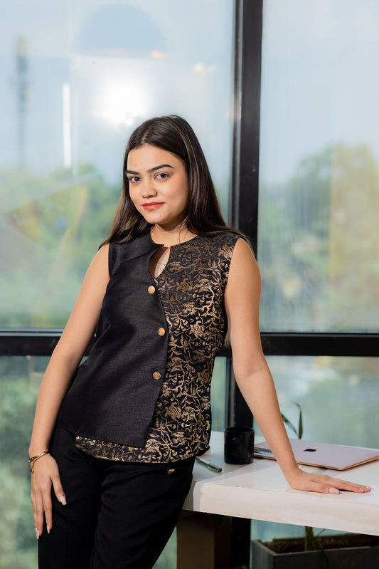 Black brocade fabric festive flap top with gold buttons- esseneur.
