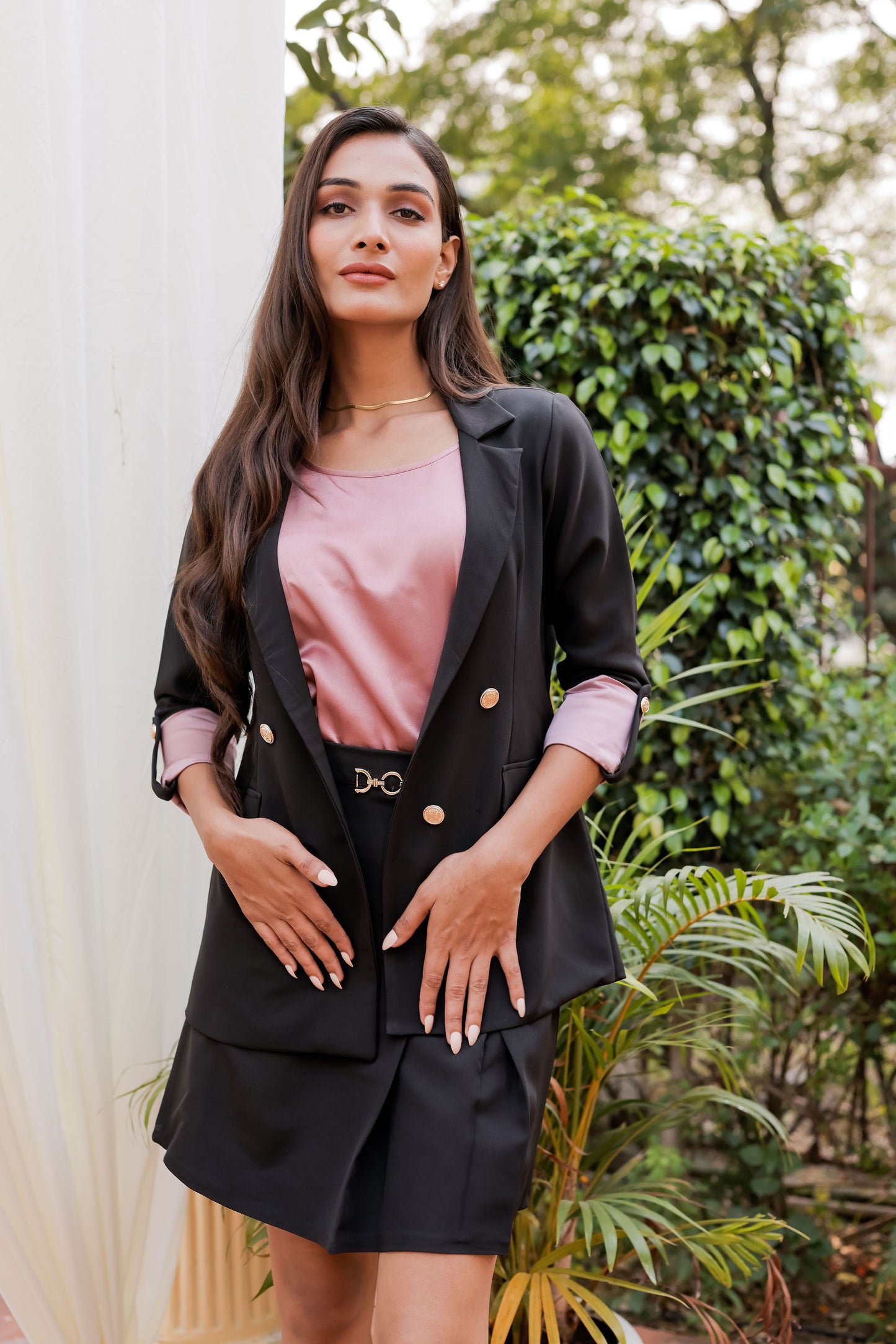 Black Crepe Coat & Pants Skirt set  with Satin Peach Cuff detailing and gold buttons EWCO0029-BLKSK