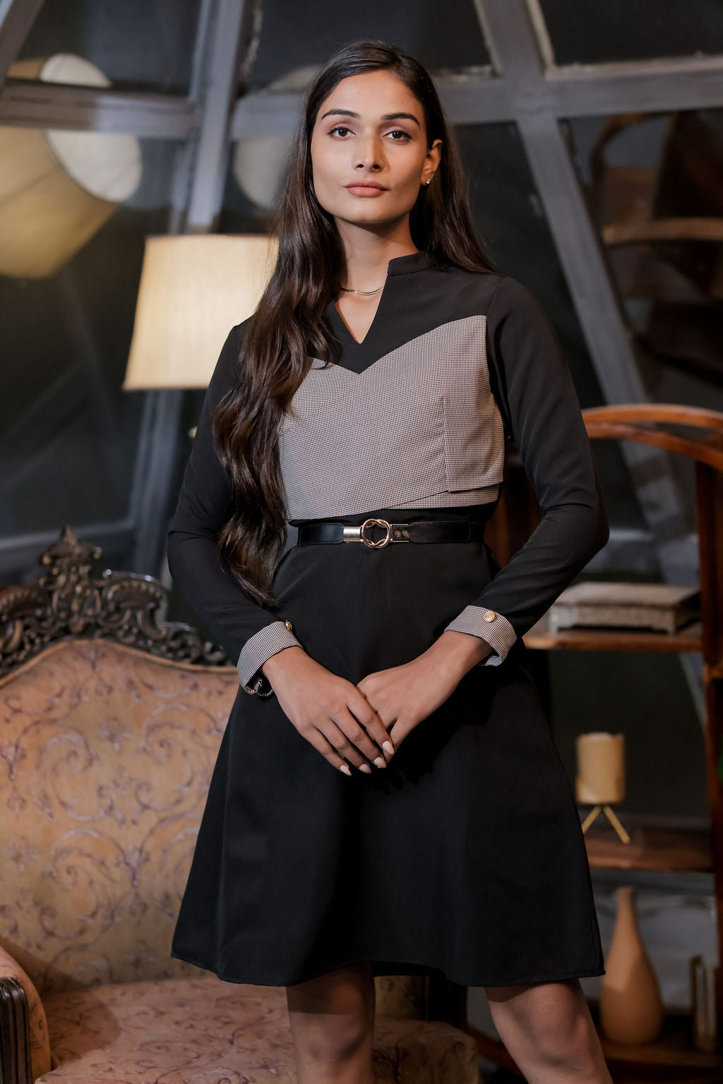 Black dress with houndstooth wrap on bust ESWDR0027-BLKBK