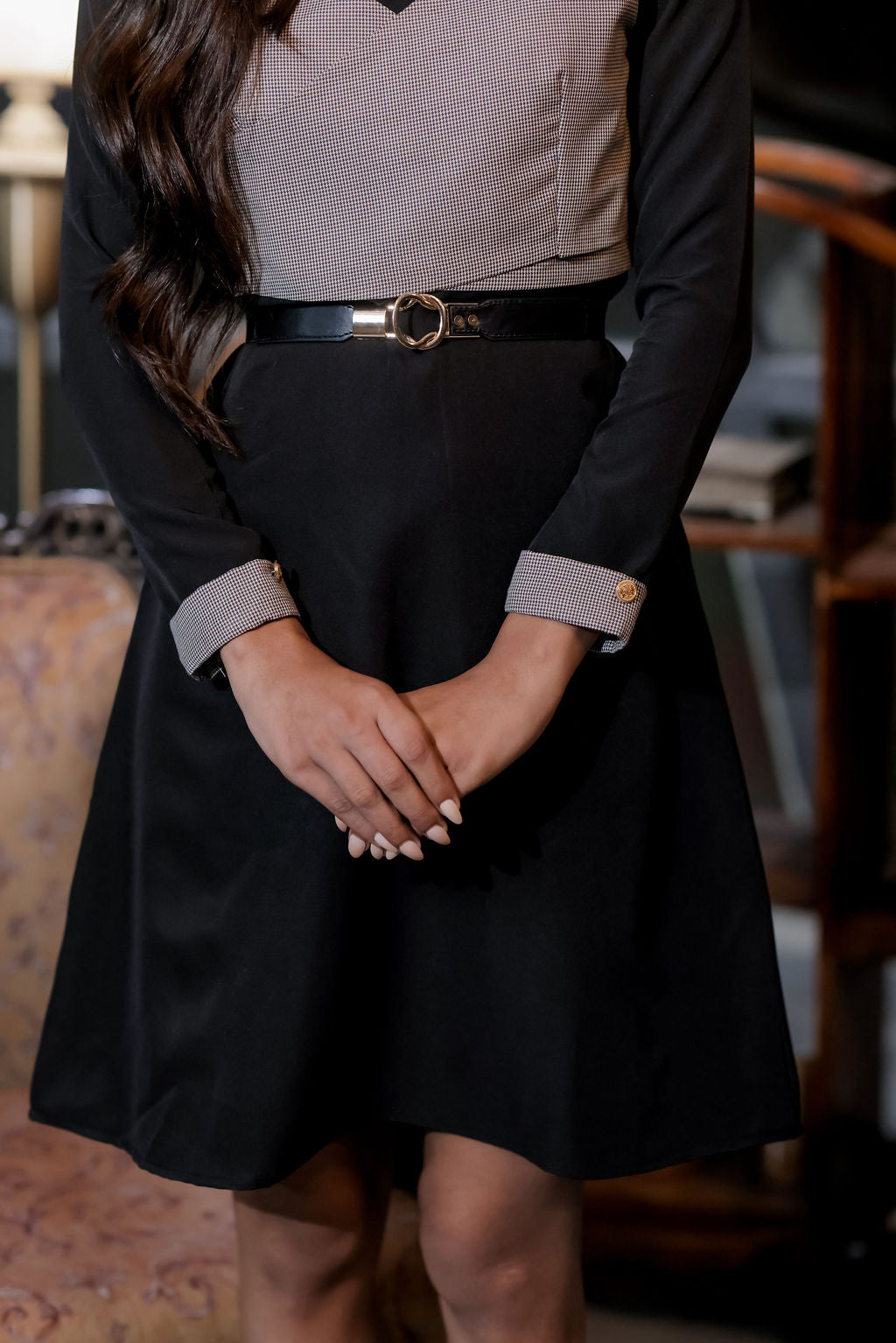 Black dress with houndstooth wrap on bust ESWDR0027-BLKBK