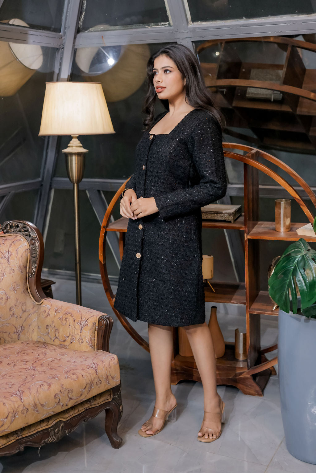 Black fabric tweed dress with square neck ESWDR0026-BLKSQ