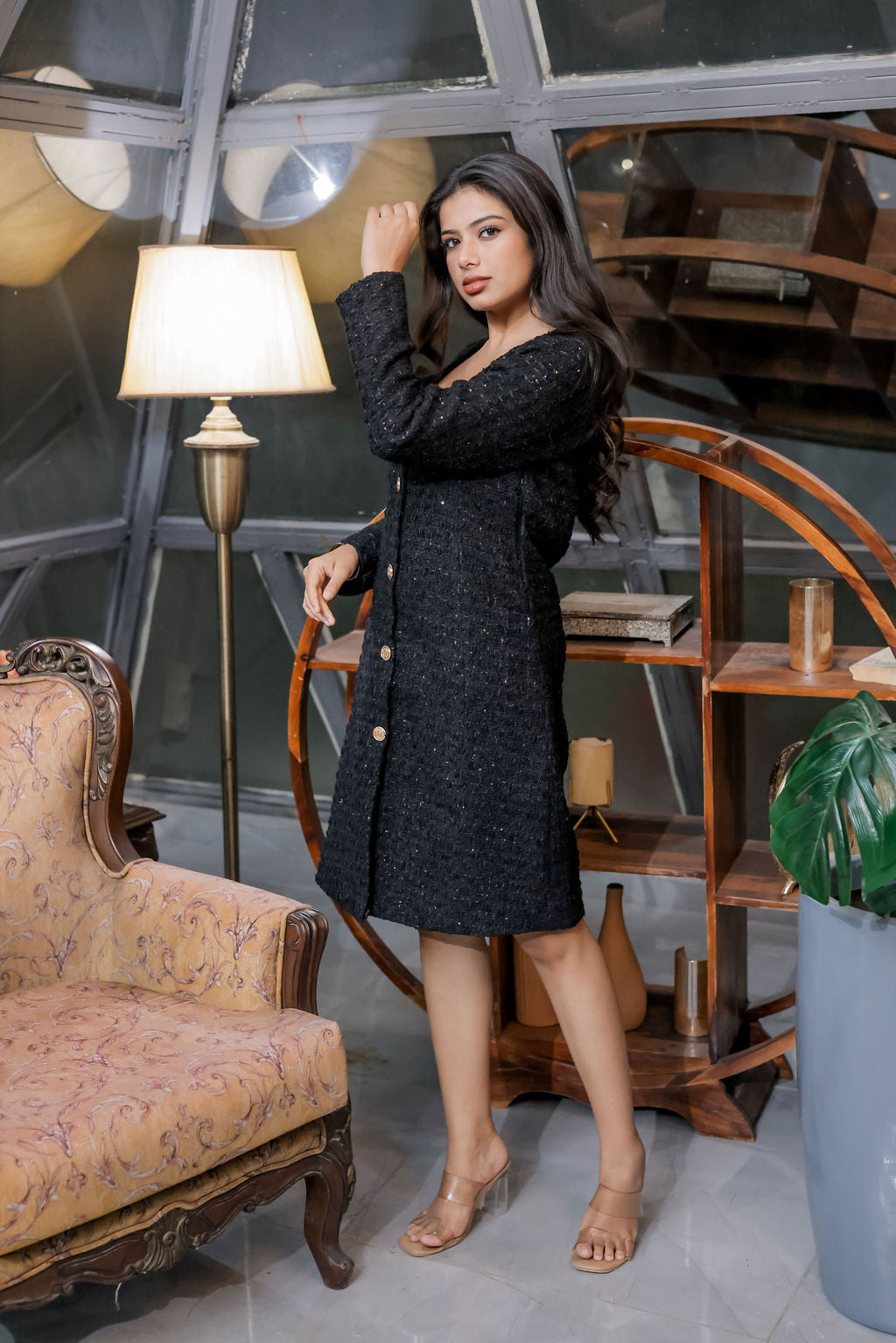 Black fabric tweed dress with square neck ESWDR0026-BLKSQ