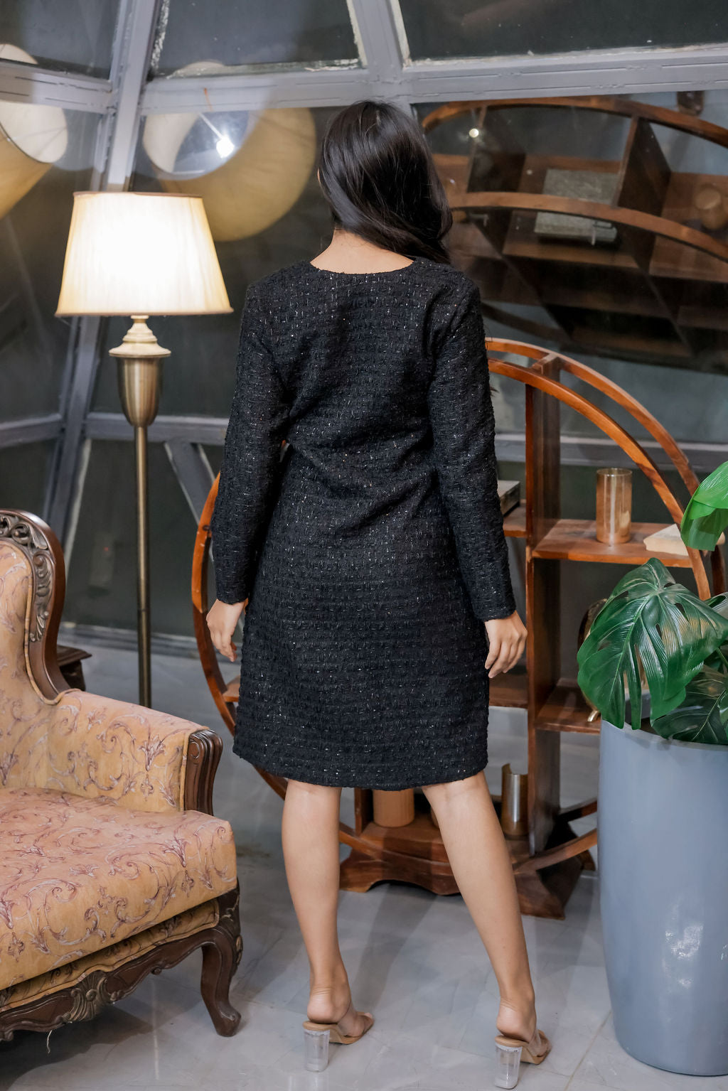Black fabric tweed dress with square neck ESWDR0026-BLKSQ